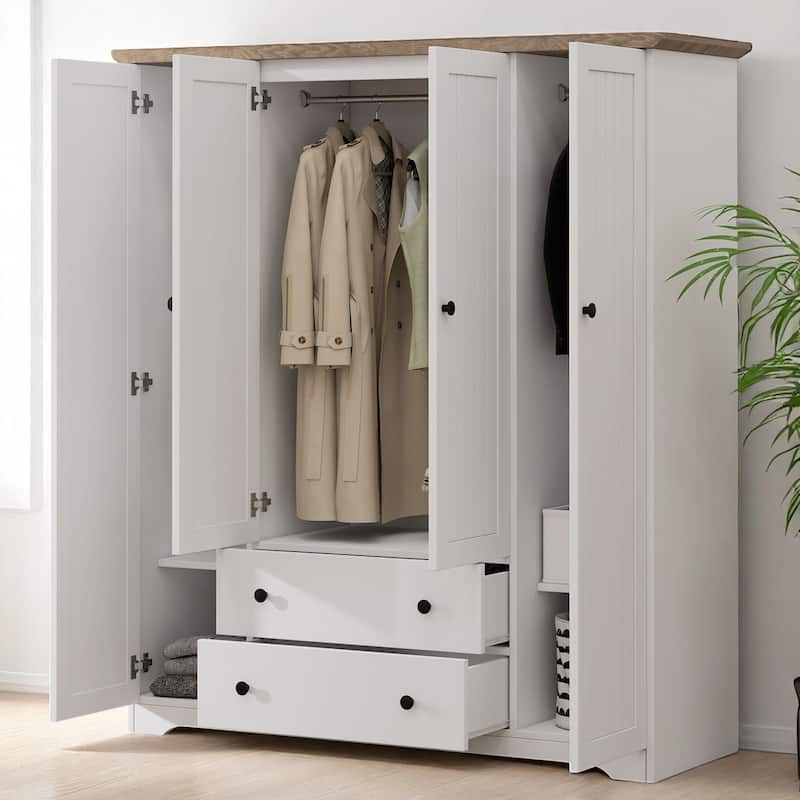 Wooden 4 Door Wardrobe Closet with 2 Drawers and Hanging Storage, Armoire Cabinet for Bedroom Organization