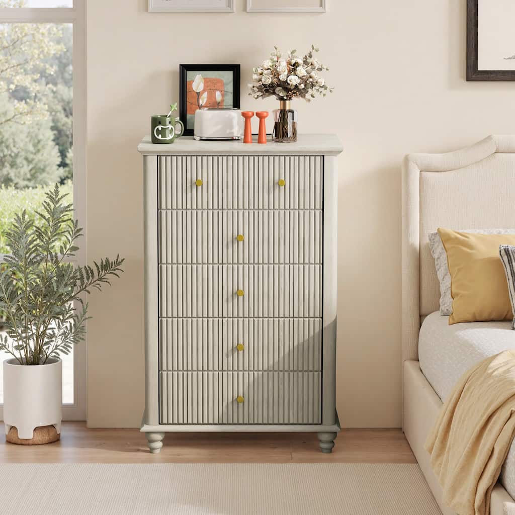 Fluted 5-Drawer Dresser in Beige, Versatile Wooden Storage Solution