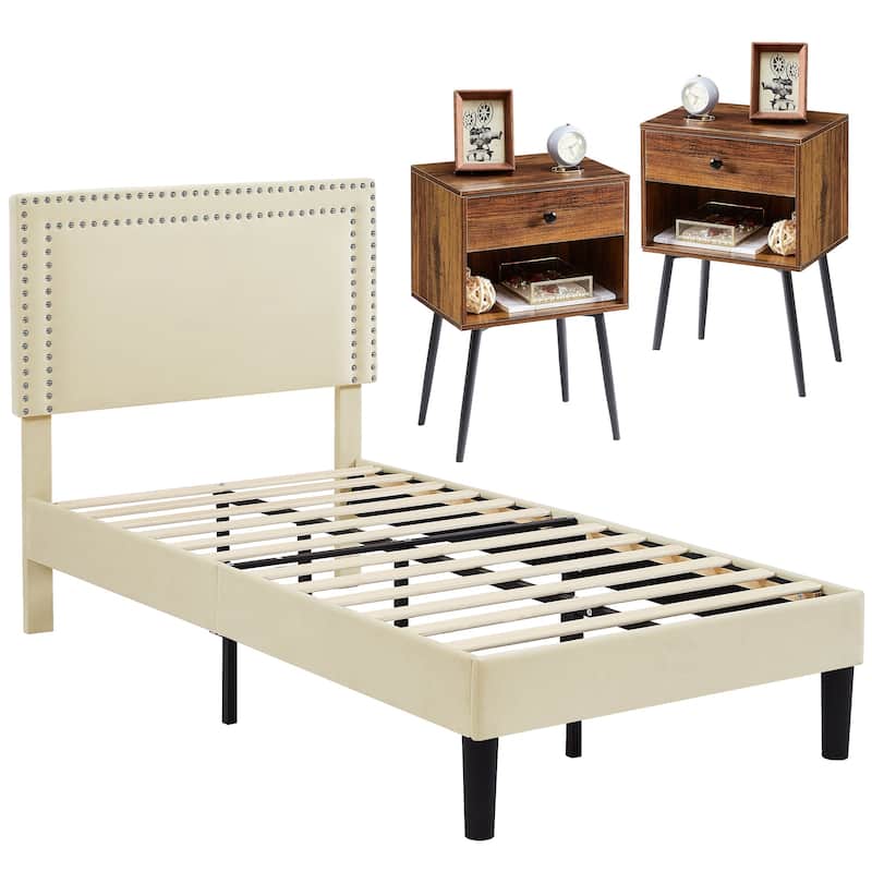 VECELO 3-Pieces Upholstered Platform Bed Frame with Adjustable Headboard and Nightstands Set of 2, Beige - Brown - Twin