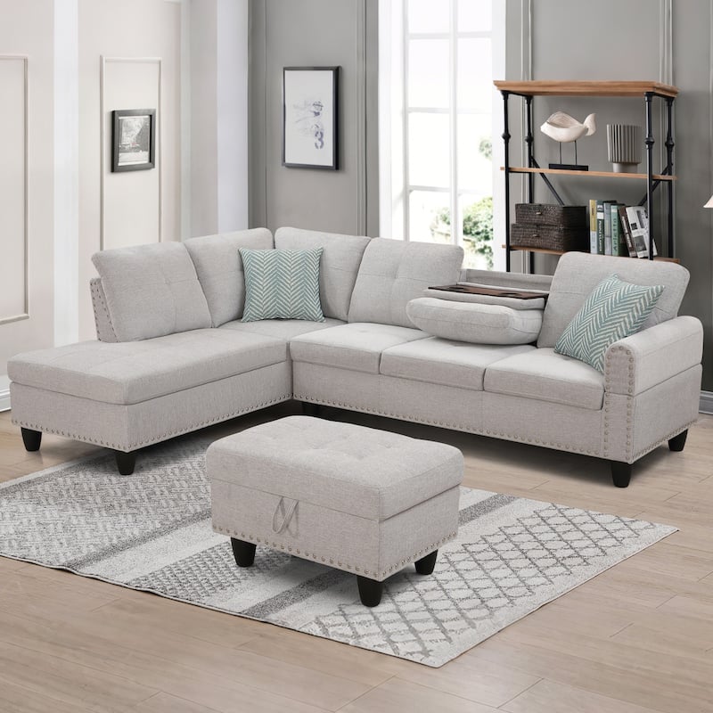 HOMEFUN Linen/Leather Upholstered L-Shaped 4-seater Multifunctional Sectional Sofa with Storage Ottoman,Cup Holder - Light Grey-Linen
