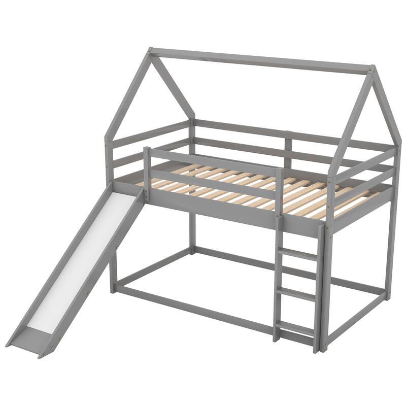 Twin Pine House Bunk Bed with Slide and Guardrails