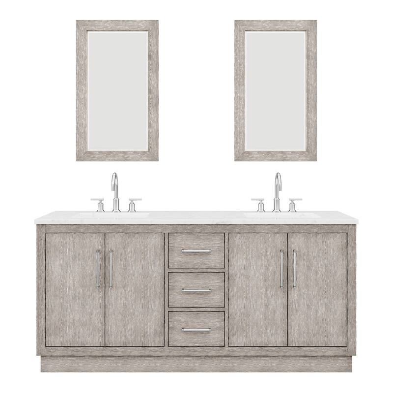Hugo Carrara Marble Countertop Vanity with Mirror and Gooseneck Faucet - 72" - Chrome Finish