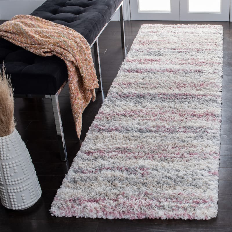 SAFAVIEH Fontana Shag Mevlide Modern Stripe 2-inch Thick Rug - 2'3" x 10' Runner - Ivory/Pink
