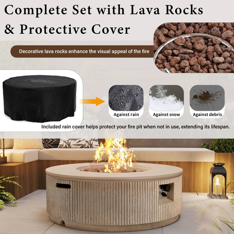 38.19" Propane Outdoor Fire Pit with Vertical Stripe Design, 50000 BTU Round Fire Pit Table with Steel Burner, Flame Control