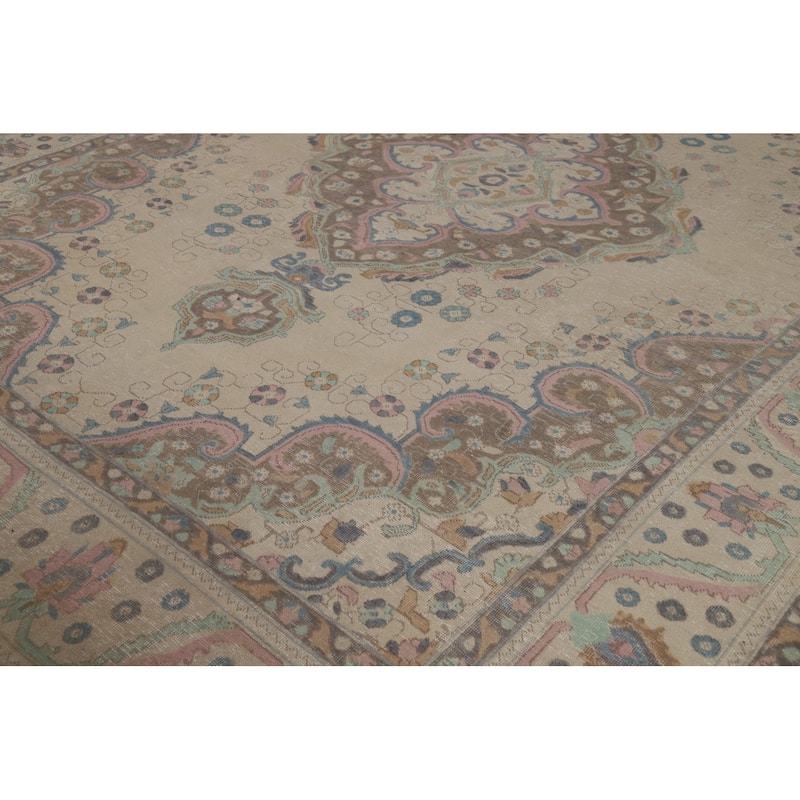 Hand Knotted Oriental 100% Wool Carpet Traditional Floral Beige & Ivories Tabriz Area Rug - 12' 9'' X 9' 7''