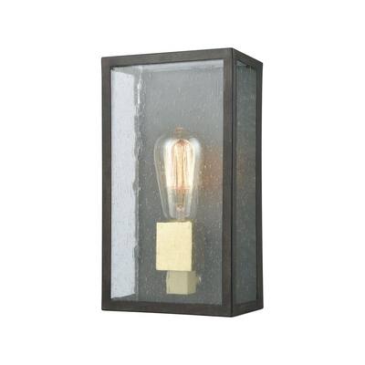 Contemporary One Light Outdoor Rectangular Wall Lantern - Mid-Century Modern Porch Light Blackened Bronze/Brushed Brass