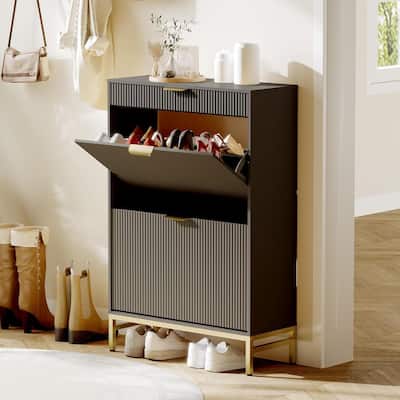Fluted Shoe Storage Cabinet, Narrow Shoe Organizer with 2 Flip Drawers