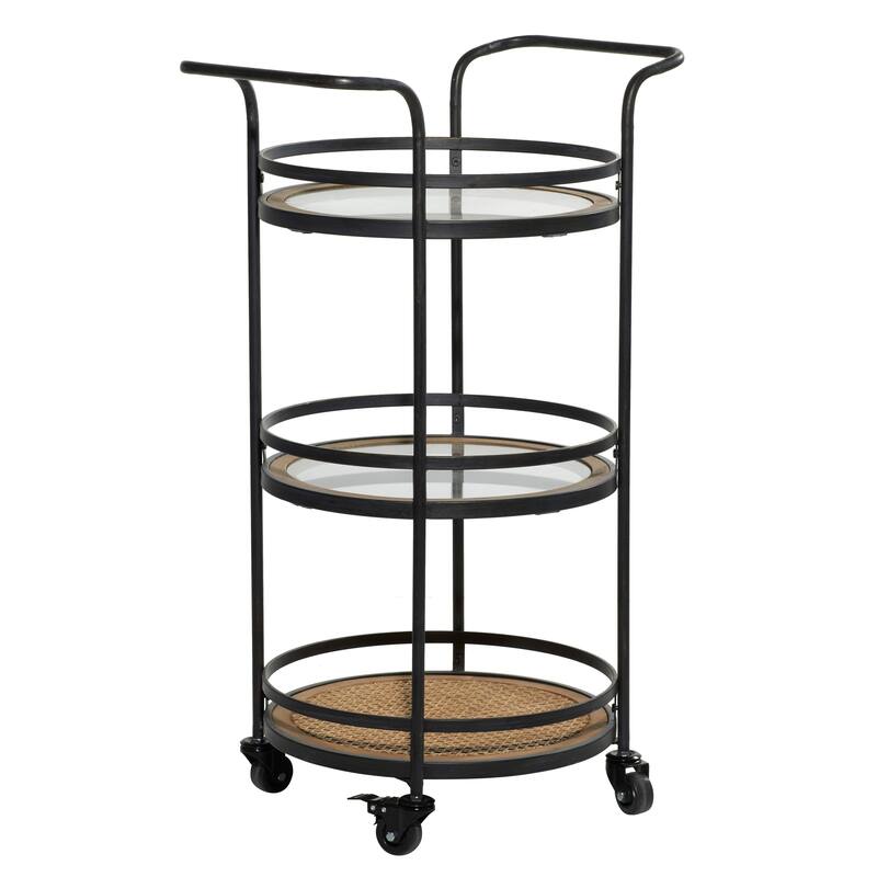 Metal Rolling 1 Rattan and 2 Glass Shelves Bar Cart with Handles - Brown - Roche River Decor - 16"Wx21"Lx35"H