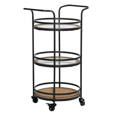 Metal Rolling 1 Rattan and 2 Glass Shelves Bar Cart with Handles - Brown - Roche River Decor - 16"Wx21"Lx35"H