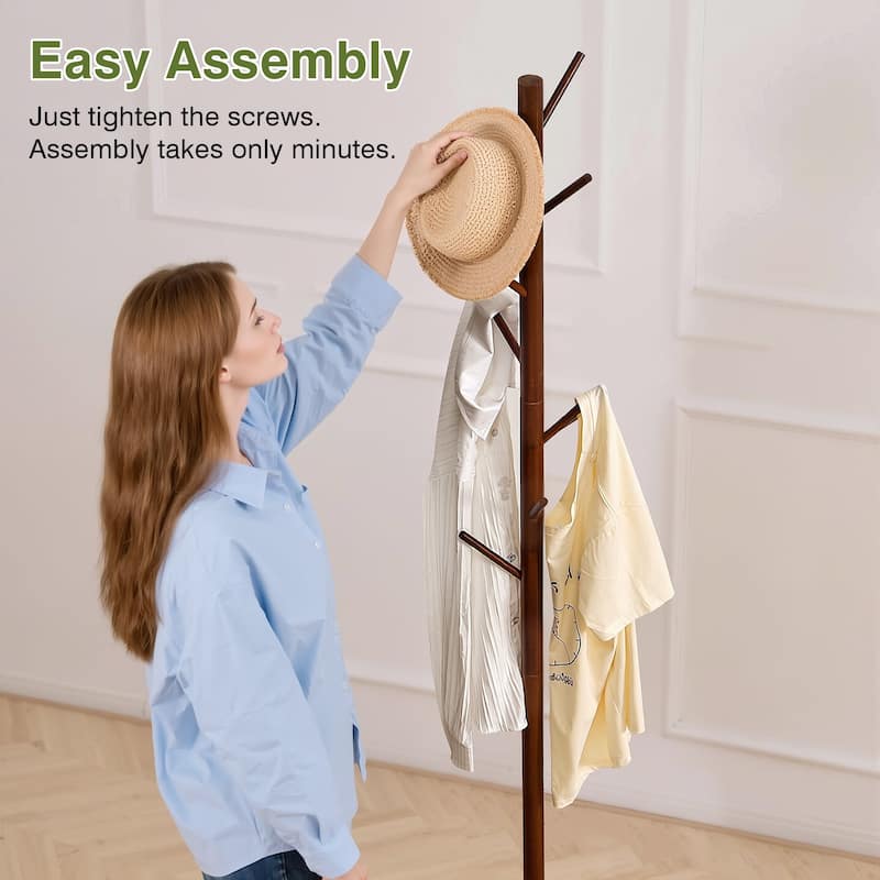 VECELO Brown Height Adjustable Bamboo Tree Coat Rack with 8 Hooks Round Base Freestanding Clothing Rack for Small Spaces