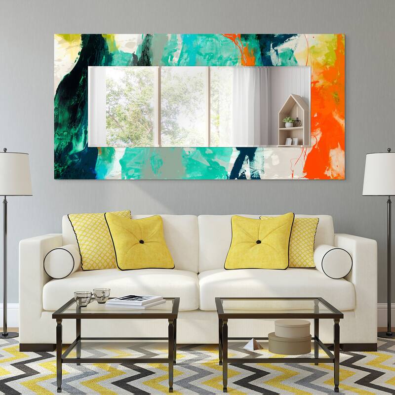 "Tidal" Abstract Rectangular Beveled Wall Mirror on Free Floating Printed Tempered Glass - Clear - 72 x 36