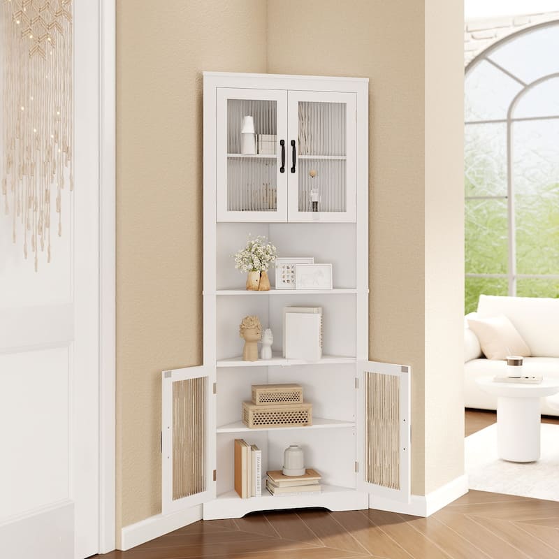 White MDF and Tempered Glass 6-Tier Corner Cabinet with Adjustable Shelves - 26" x 14" x 67" (L x W x H)