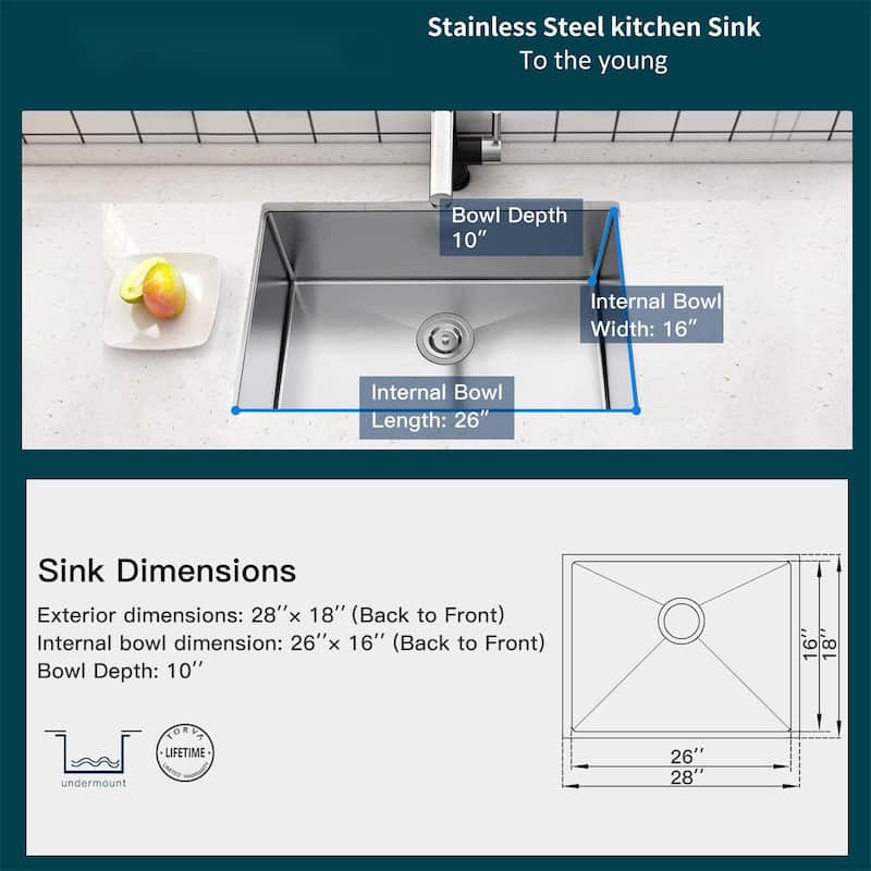 Undermount Single Bowl Stainless Steel Kitchen Sink 16 gauge-ALL SIZE