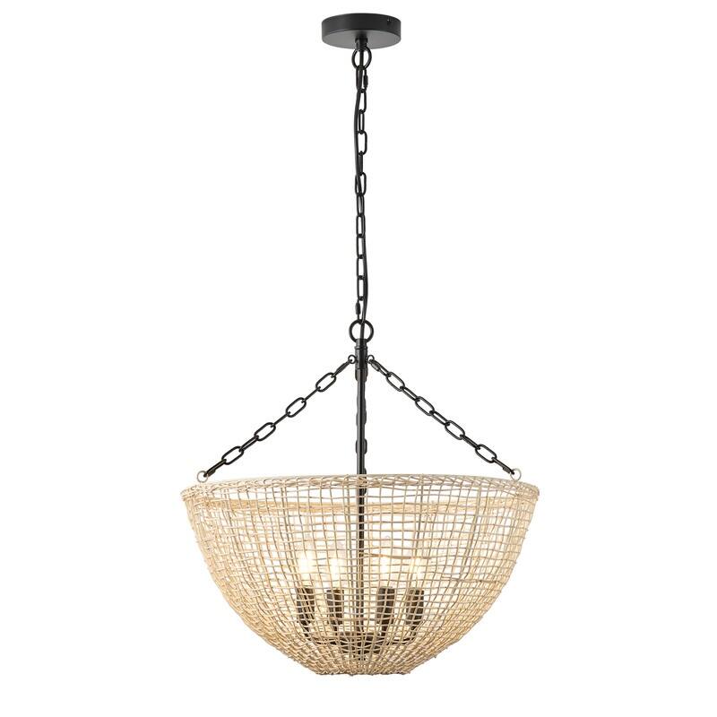 Modern Farmhouse 4-Light Pendant with Woven Rattan Basket Shade and Black Chain Finish