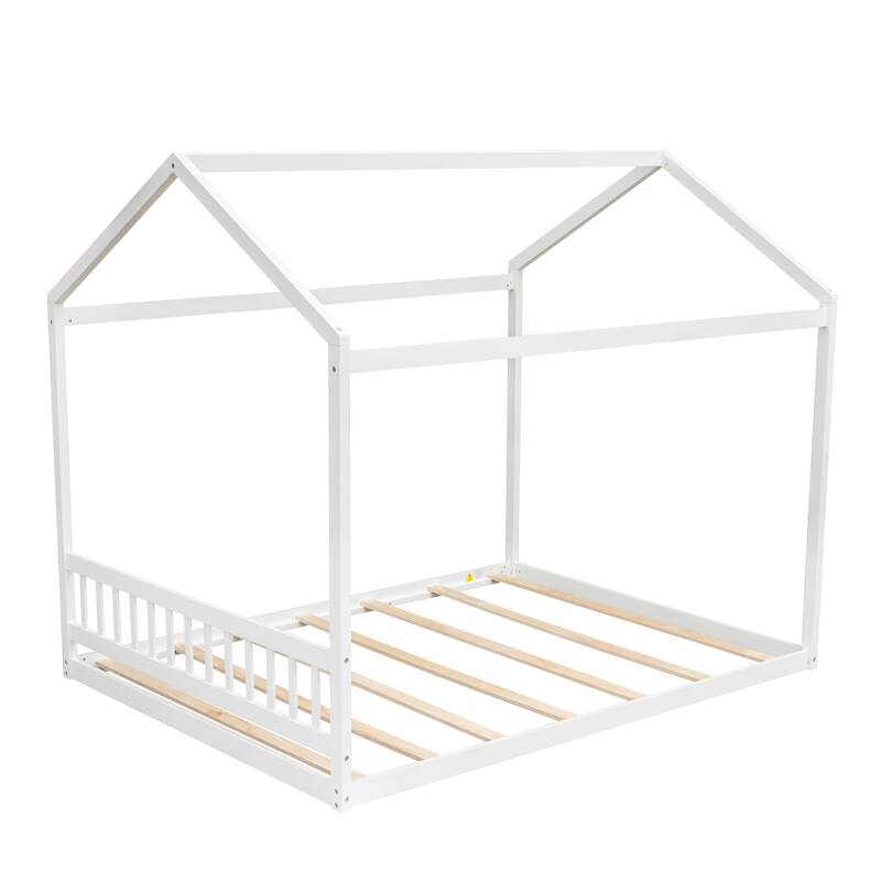 Queen House Bed with Headboard, Durable Pine and MDF, Low Height for Safety