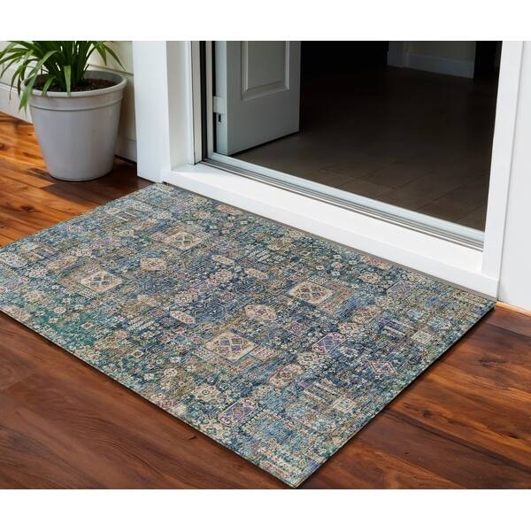 3' X 5' Green Navy Blue And Ivory Oriental Washable Indoor Outdoor Area ...