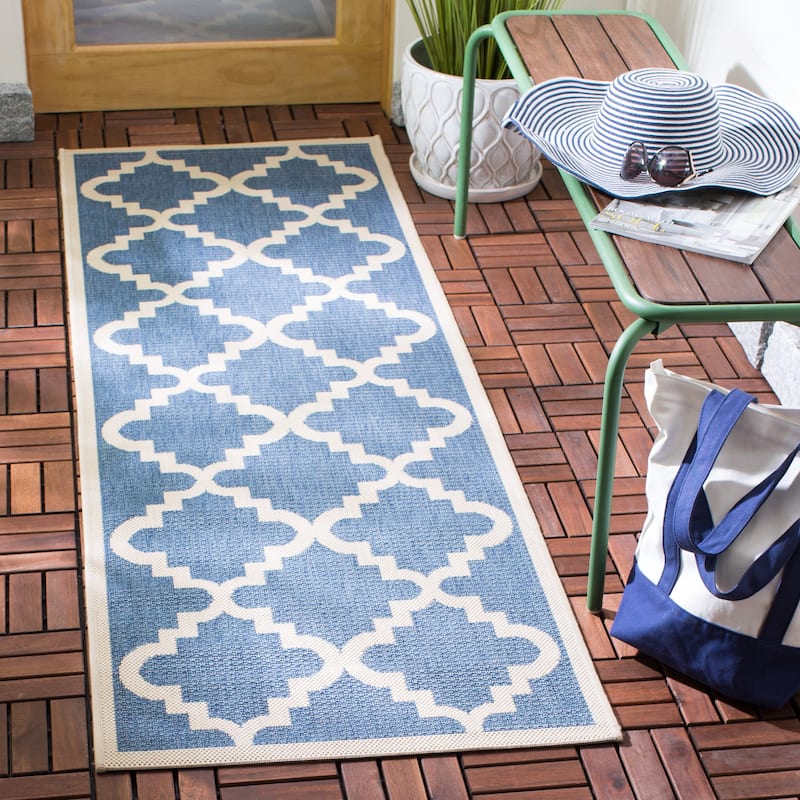 SAFAVIEH Courtyard Zohre Indoor/ Outdoor Waterproof Patio Backyard Rug - 2'3" x 6'7" Runner - Blue/Beige