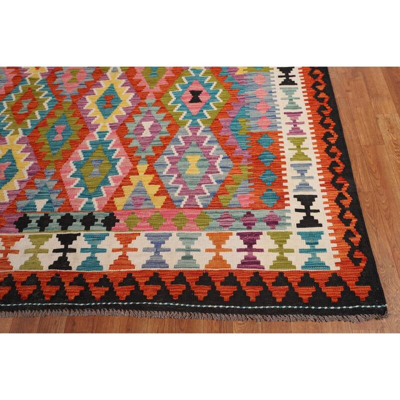 Reversible Kilim Area Rug Hand-Woven Bedroom Wool Carpet - 8'9" x 11'4"