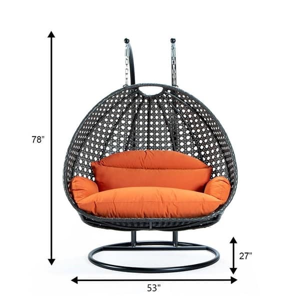 dimension image slide 7 of 16, LeisureMod 2-Person Double Egg Swing Chair - Charcoal Wicker with Metal Stand & Plush Cushions - Modern Outdoor Patio Lounger