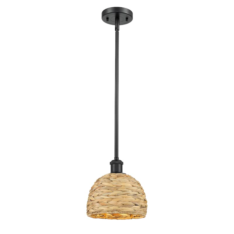 Innovations Lighting Woven Rattan - 1 Light 8" Stem Hung Pendant - Matte Black/Natural Rattan