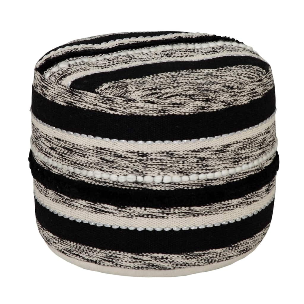 Contemporary Cotton Pouf Ottoman 18" Striped Design Sturdy and Lightweight for Living Room
