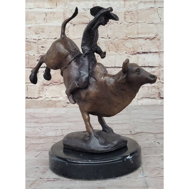 Rodeo Bull Rider Cowboy Bronze Statue Sculpture Marble Base Western Decor 9 Inches X 9 Inches