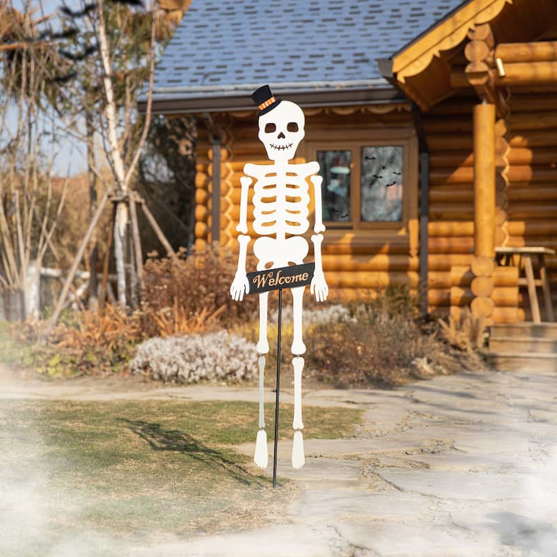 Glitzhome 60"H Halloween WELCOME Metal Dangling Skeleton Yard Stake