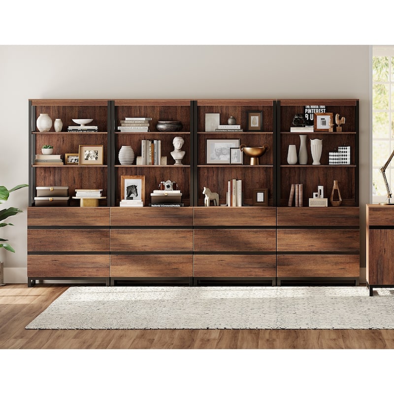 WAMPAT Modern 72" Tall Bookcase with Drawers and Open Book Shelfs, Library Book Shelf for Home Office, Living Room