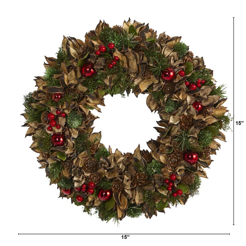 15" Holiday Wreath with Pine Cones and Ornaments