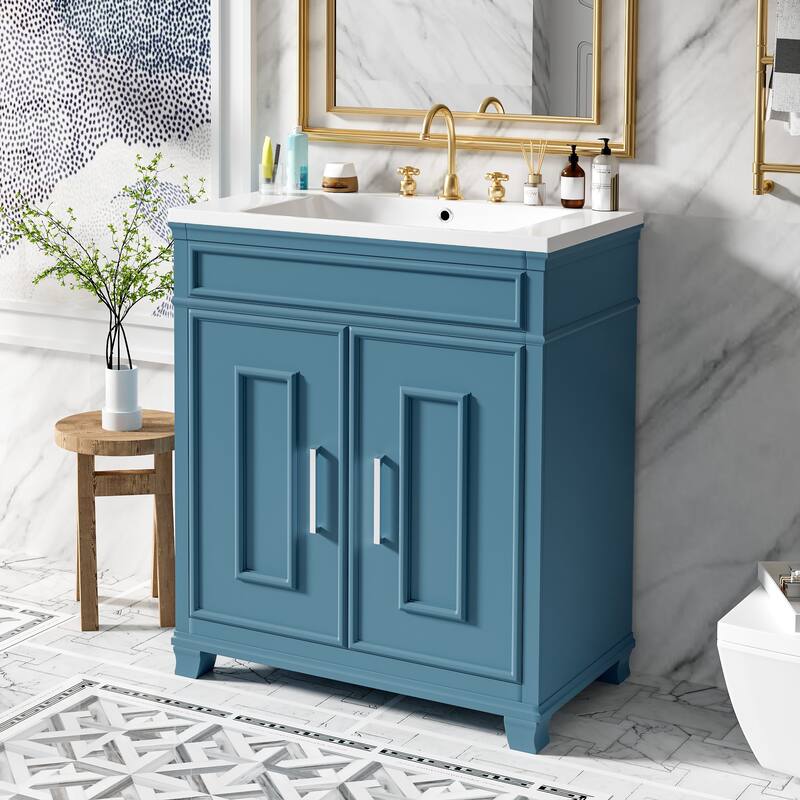 30 Inch Bathroom Vanity with Resin Sink - Freestanding Vanity with Storage Shelf and Solid Wood Frame - Blue