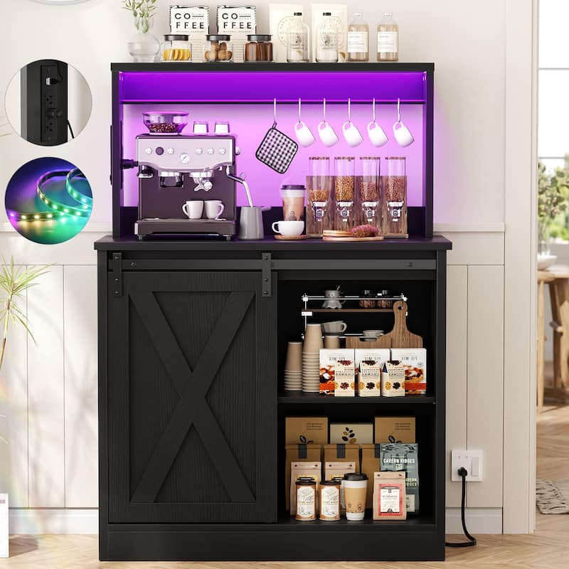 Farmhouse Wine Bar Cabinet with Barn Door & Charging Station,Sturdy Buffet Coffee Bar Cabinet with LED Lights & Hutch
