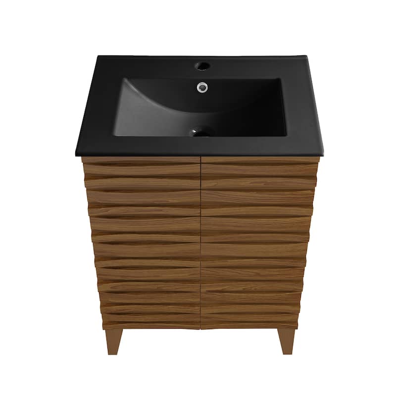 Cascade 24 In. Brown Oak Bathroom Vanity With Black Ceramic Sink Top
