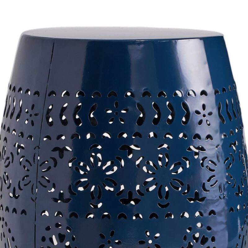 Glena Side End Table, Barrel Shape Lace Cut Design, Blue Iron 12 Inch