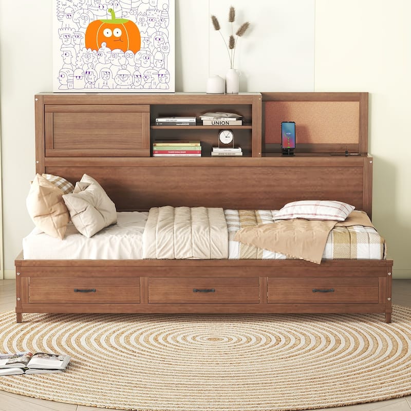 Wooden Daybed with 3 Storage Drawers
