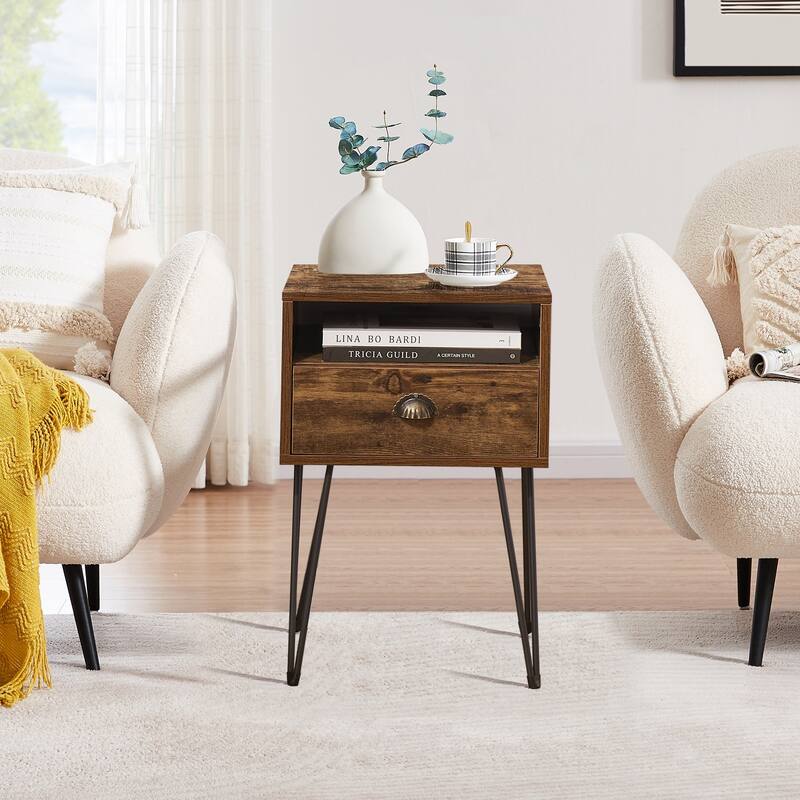 VECELO, Mid-century Modern 1-Drawer Wood End Table - 15.75"*15.75"*23.62"