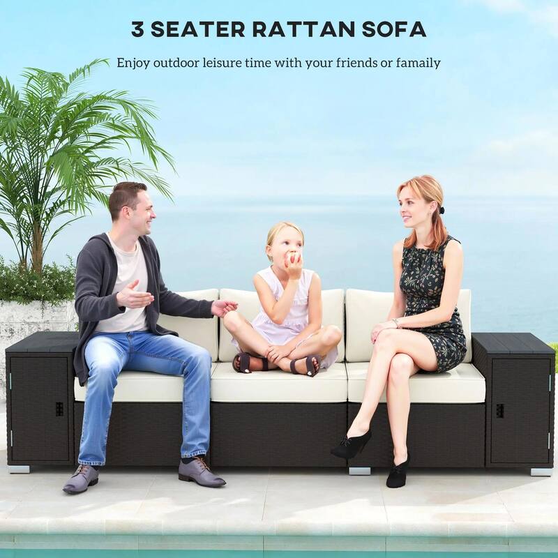 3 Seater Storage Sofa, Deep Seat Wide Armrests PE Rattan Patio, Cream