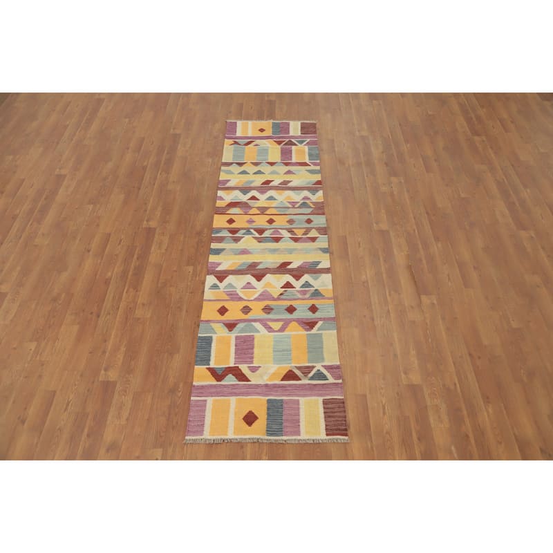 Hand Woven Oriental 100% Wool Carpet Southwestern Geometric Multi-Colored Kilim Runner Rug - 8' 0'' X 2' 1''