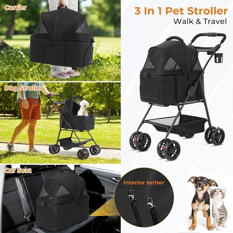 3 in1 Folding Dog/Cat Stroller for Medium Small Pets
