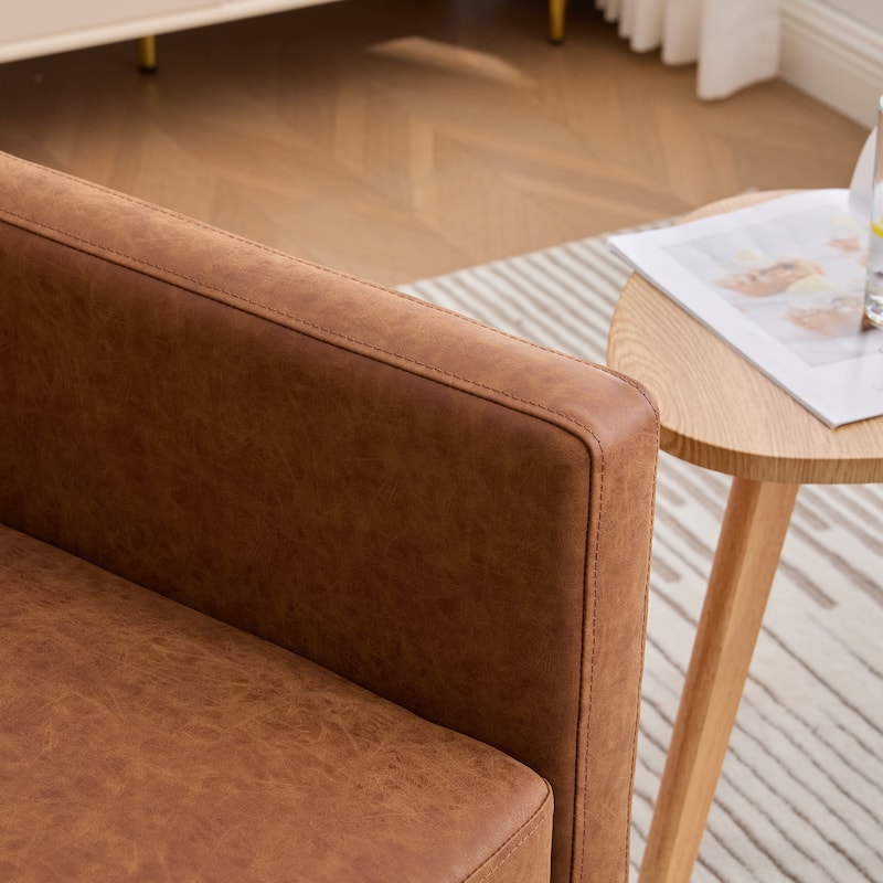 Roomfitters 30.7" Square Swivel Accent Chair, 360° Faux Leather Club Chair with Wood Trim