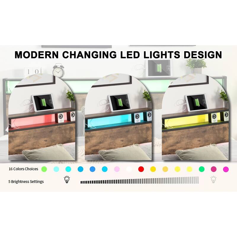 Queen Storage Bed Frame with Charging Station, LED Lights & Noise-Free Design, Easy Assembly