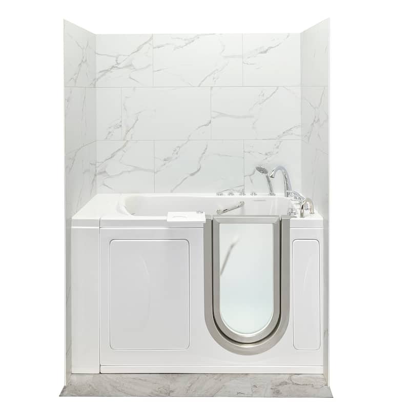 Royal 32" x 52" Acrylic Air and Hydro Massage Walk-In Tub, Inswing Door, Fast Fill Faucet, 2" Dual Drain, Carrara Wall Surround - Right Drain - Heated Seat
