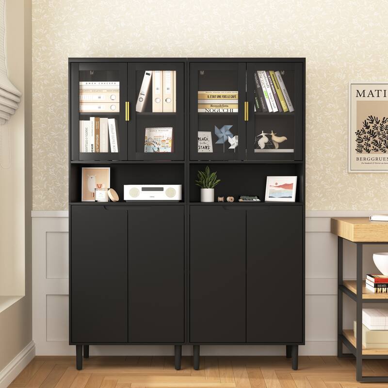 Tall Storage Bookcase with 2 Glass Display Door & 2 Doors, Tall Kitchen Pantry Cabinet with Gold Handles