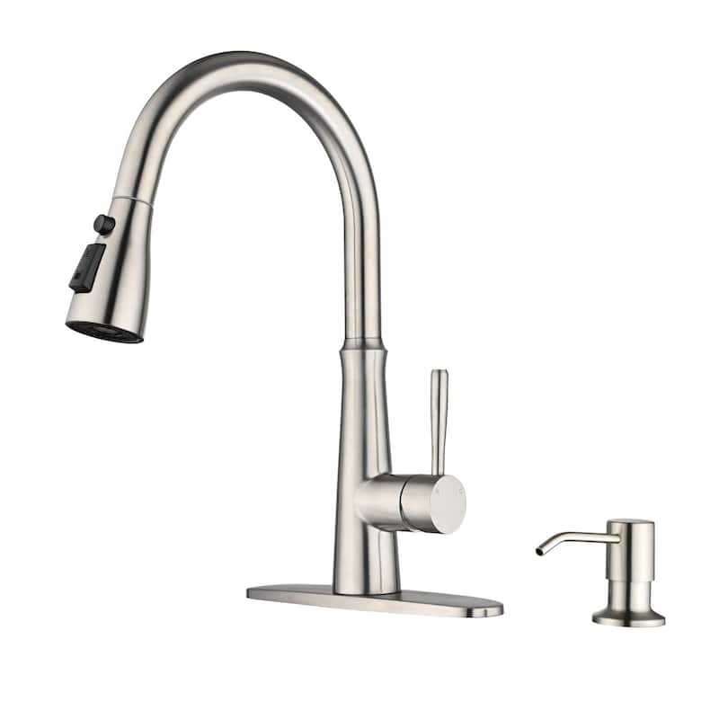 WOWOW Single Handle 3-Mode Pull Out Sprayer Kitchen Faucet - With Soap Dispenser - Brushed Nickel