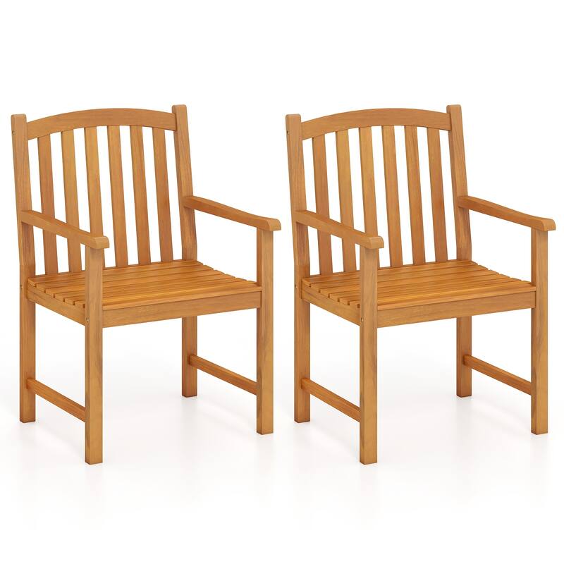 Set of 2 Natural Acacia Wood Patio Armchairs with Slatted Seat, Ergonomic Back and 400lb Capacity - 22.5" x 24" x 36" - Natural