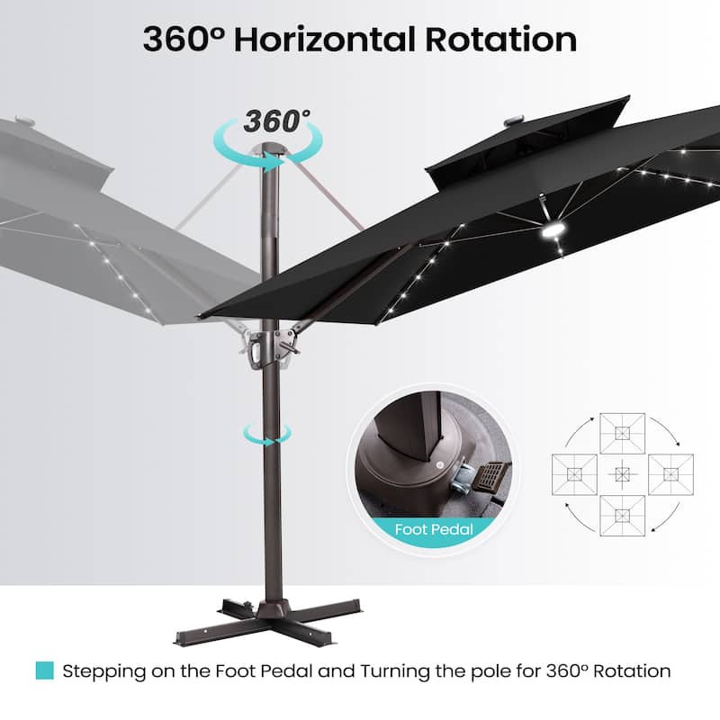 9 x11 FT LED Lighted Patio Cantilever Umbrella Double Top with Weighted Base