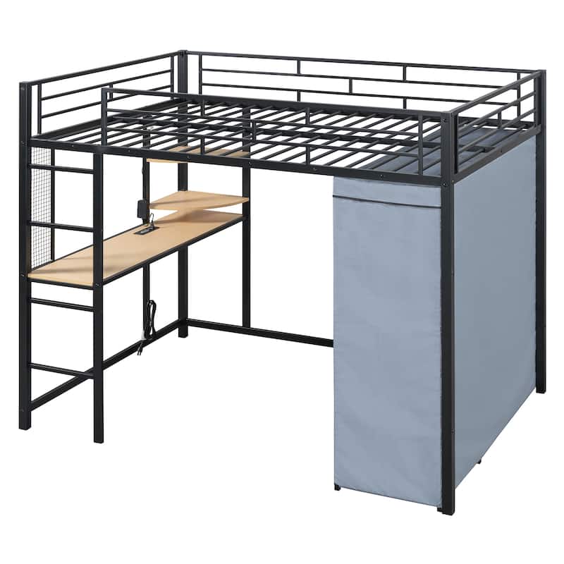 LED Twin Metal Loft Bed Heavy Duty Bed with Desk, Shelves, Power Outlet