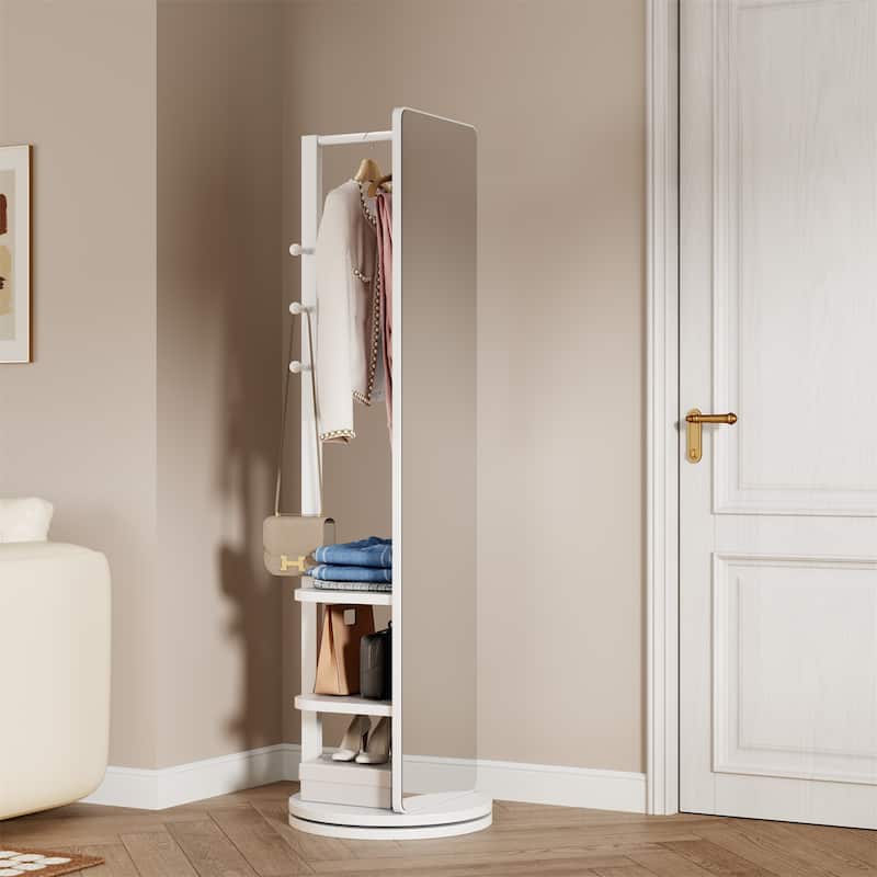 360 Rotating Multifunctional Full Length Mirror with Hook Storage Rack Coat Rack