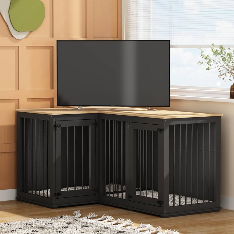 Corner Dog Crate Furniture for 2 Dogs with Double Rooms & Divider