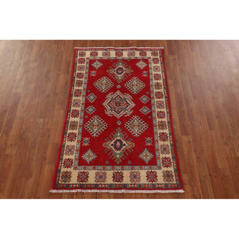 Traditional Kazak Oriental Rug Hand-Knotted Geometric Wool Carpet - 3'2"x 5'2"