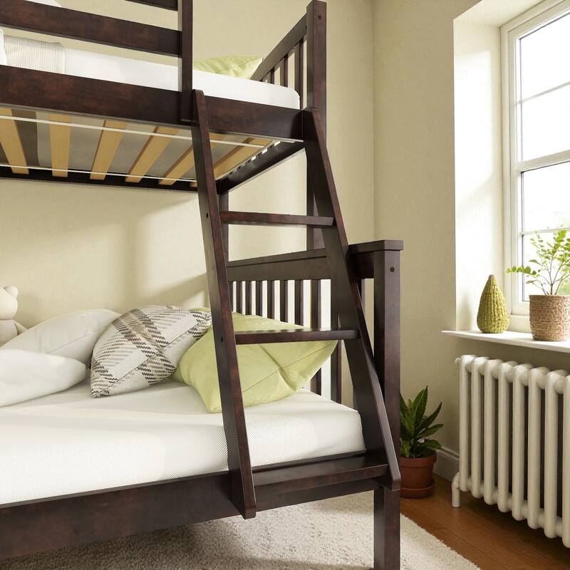 Twin Over Full Rubber Wood Bunk Bed with Twin Trundle, Convertible Ladder, Detachable Design, and Safety Guardrails